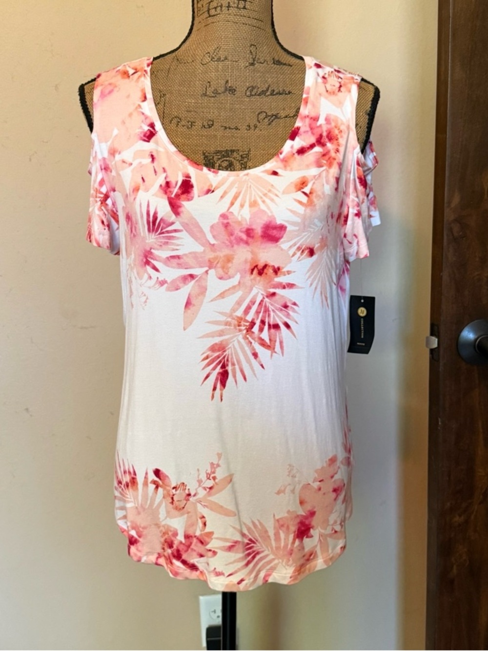 JM Collection White Cold-Shoulder Top with Pink Floral Print